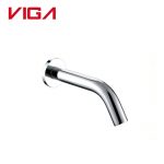 Wall mounted sensor bathroom faucet, VIGA 49743500 round‑plate chrome touch free wall faucet, concealed automatic basin tap on pure‑white background