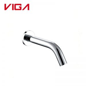 Wall mounted sensor bathroom faucet, VIGA 49743500 round‑plate chrome touch free wall faucet, concealed automatic basin tap on pure‑white background
