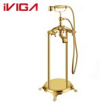 VIGA 79460301TA polished gold vintage freestanding bathtub faucet floor mount tub filler with handheld shower on white background