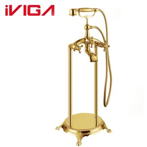 VIGA 79460301TA polished gold vintage freestanding bathtub faucet floor mount tub filler with handheld shower on white background