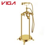 VIGA 79460301TA polished gold vintage freestanding bathtub faucet floor mount tub filler with handheld shower on white background