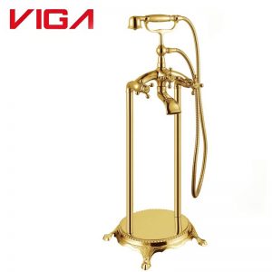 VIGA 79460301TA polished gold vintage freestanding bathtub faucet floor mount tub filler with handheld shower on white background