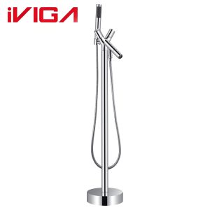 VIGA 79460601CH sleek polished chrome modern freestanding bathtub faucet floor mount tub filler with detachable handheld shower on white background