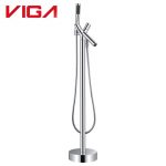 VIGA 79460601CH sleek polished chrome modern freestanding bathtub faucet floor mount tub filler with detachable handheld shower on white background
