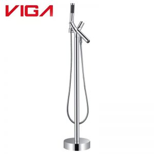 VIGA 79460601CH sleek polished chrome modern freestanding bathtub faucet floor mount tub filler with detachable handheld shower on white background