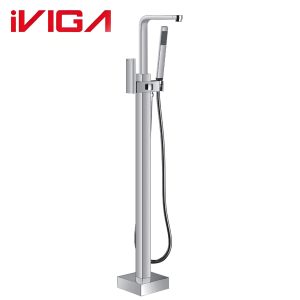 VIGA 79461001CH chrome freestanding bathtub faucet modern square floor‑standing tub filler with handheld shower white background photo