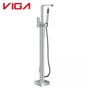 VIGA 79461001CH chrome freestanding bathtub faucet modern square floor‑standing tub filler with handheld shower white background photo