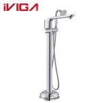 VIGA 79461301CH polished chrome round‑tube freestanding bathtub faucet floor‑standing tub filler with handheld shower white background product photo