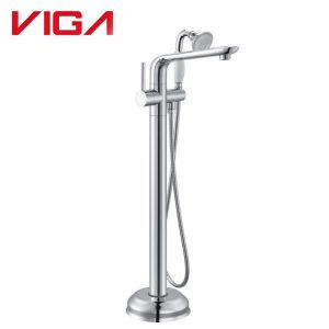 VIGA 79461301CH polished chrome round‑tube freestanding bathtub faucet floor‑standing tub filler with handheld shower white background product photo