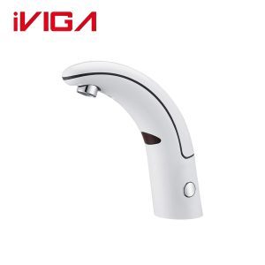 Glossy white touchless sensor faucet VIGA 49111401‑LW gooseneck automatic bathroom sink faucet on white background