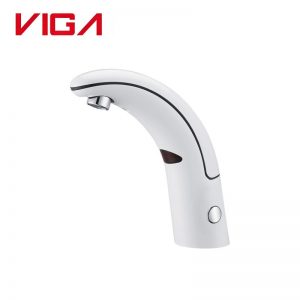 Glossy white touchless sensor faucet VIGA 49111401‑LW gooseneck automatic bathroom sink faucet on white background
