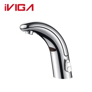 Polished chrome touchless sensor faucet VIGA 49111501CH curved gooseneck automatic bathroom sink faucet on white background