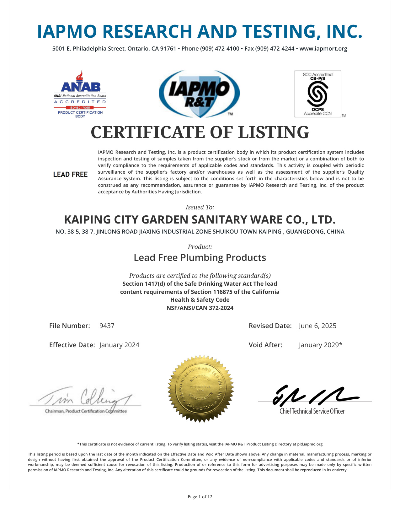 Certified Faucets - CUPC, NSF/ANSI 61, CE 3 - - 2