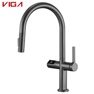 VIGA 49331205 gunmetal grey pull-down kitchen faucet with LED real‑time temperature digital display on pure white background